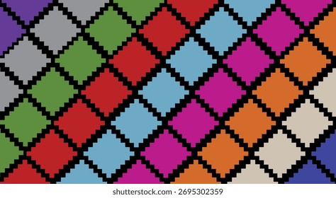 Vibrante rejilla de diamante Esta vibrante ilustración digital presenta un patrón denso y repetitivo de diamante o argyle. El diseño utiliza un amplio espectro de colores sobre un fondo negro.