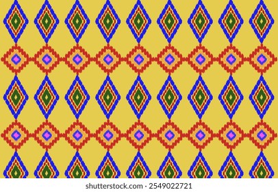 The vibrant diamonds pop beautifully against the bright yellow background. Symmetrical geometric patterns give this design a balanced appearance.The use of red, blue, green, and pink adds an energetic