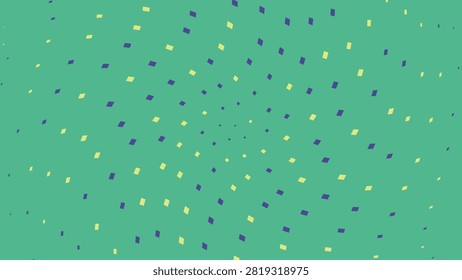A vibrant digital art background featuring a swirling, spiral pattern composed of small, evenly spaced blue and yellow rectangular shapes on a bright green field.