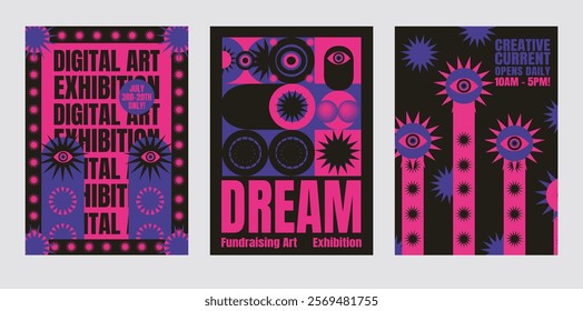 Vibrant digital art exhibition posters in pink and blue. Bold text highlights 'Digital Art' and 'Exhibition'. Eye-catching design. Psychedelic retro poster template vectors.