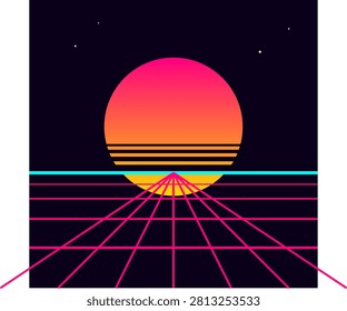 A vibrant digital art piece capturing the classic nineteen eighties aesthetic with a large glowing gradient sunset circle. The composition includes a pink laser perspective grid receding toward a bright cyan horizon line against a dark starry sky. This retro-futuristic synthwave background evokes nostalgia for arcade culture and vintage music.
