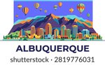 A vibrant digital art piece showcasing the Albuquerque city skyline with colorful hot air balloons floating above the majestic Sandia Mountains under a bright blue sky.