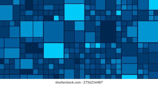 A vibrant digital artwork depicting a mosaic of blue squares in various sizes and shades.