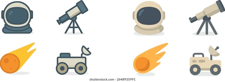 A vibrant digital artwork features various space-related elements like telescopes, astronauts, and comets. The playful design invites viewers to explore the wonders of the universe.