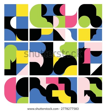 A vibrant digital artwork featuring a grid of squares filled with colorful abstract shapes including curves circles and geometric patterns in a flat design style