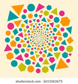 A vibrant digital artwork showcasing an abstract radial pattern made from colorful shapes arranged in a symmetrical spiral.