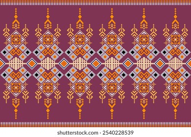 A vibrant digital artwork showcasing a traditional Thai silk pattern. The design features intricate geometric patterns and floral motifs in vibrant colors 