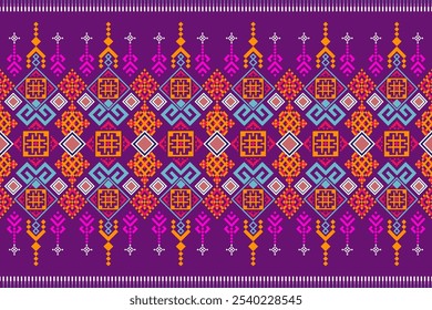 A vibrant digital artwork showcasing a traditional Thai silk pattern. The design features intricate geometric patterns and floral motifs in vibrant colors 