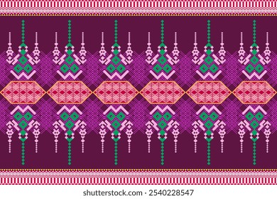 Una vibrante obra de arte digital que muestra un patrón de seda tradicional tailandés. El diseño presenta intrincados patrones geométricos y motivos florales en colores vibrantes 