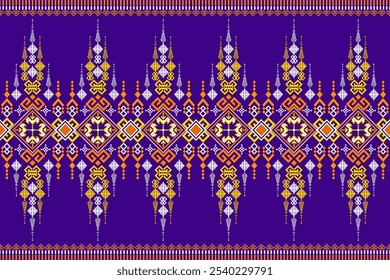 A vibrant digital artwork showcasing a traditional Thai silk pattern. The design features intricate geometric patterns and floral motifs in vibrant colors 