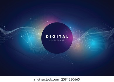 A vibrant digital background featuring abstract waves, glowing light effects, and a network of connected nodes, creating a futuristic and tech-inspired design.