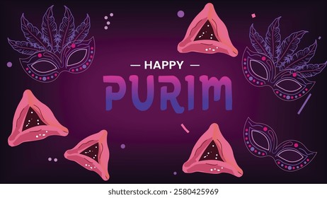 A vibrant digital banner for Purim featuring decorative masquerade masks and Hamantaschen cookies on a purple festive background symbolizing the joyous Jewish holiday