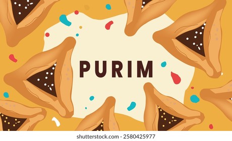 A vibrant digital banner for Purim featuring scattered Hamantaschen cookies with colorful confetti on a festive background symbolizing the joyful Jewish holiday