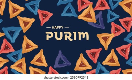 A vibrant digital banner for Purim featuring a festive pattern of colorful Hamantaschen cookies on a dark blue background symbolizing the joyous Jewish holiday celebration