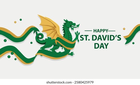 A vibrant digital banner for St Davids Day featuring a majestic green and gold Welsh dragon with flowing ribbons and festive elements on a white background symbolizing Welsh pride