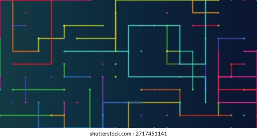 Un vibrante fondo de circuito digital con una compleja red de líneas de neón interconectadas y nodos sobre un fondo azul oscuro.