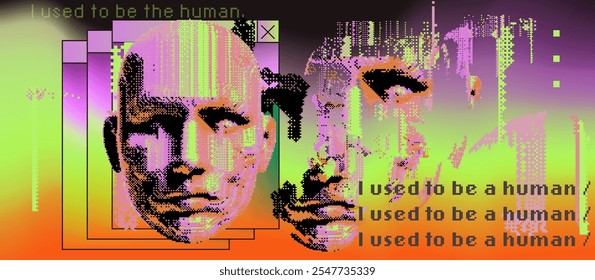 Vibrant digital collage in vivid color palette.Vector illustration of a human face rendered with neon pink to lime green gradients and pixel-like details.