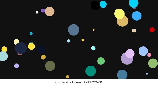 A vibrant digital design featuring multicolored circles of varying sizes scattered on a dark background.