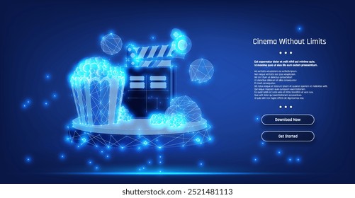 Uma exibição digital vibrante exibe um balde de pipoca brilhante e um filme clapperboard, enfatizando um tema cinematográfico com um convite para explorar mais.