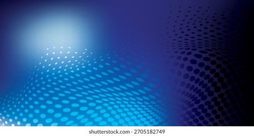 Um gráfico digital vibrante com uma superfície curva feita de um padrão de pontos de meio-tom, iluminado por uma fonte de luz brilhante e brilhante contra um gradiente azul escuro e preto.