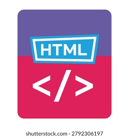 A vibrant digital icon featuring the HTML text and brackets code symbol. Perfect for web development, software engineering, programming tutorials, and tech design.