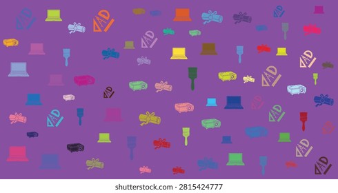Vibrant digital icons in multiple colors and shapes on purple backdrop illustrating modern technology and innovation for digital concept visuals