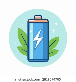 A vibrant digital illustration of a battery with a lightning bolt symbol, surrounded by green leaves, representing energy, sustainability, and eco-friendly power.
