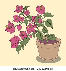 A vibrant digital illustration of a bougainvillea plant in a pot. Featuring bright pink flowers and lush green leaves, perfect for botanical decor, floral-themed designs, and garden-related artwork.