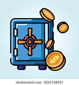 A vibrant digital illustration depicting a blue safe with golden coins falling into it, symbolizing financial security and wealth.