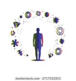 Eine lebendige digitale Illustration mit einer blauen Silhouette einer Person, die inmitten einer kreisförmigen Anordnung bunter geometrischer Formen und Muster auf weißem Hintergrund steht