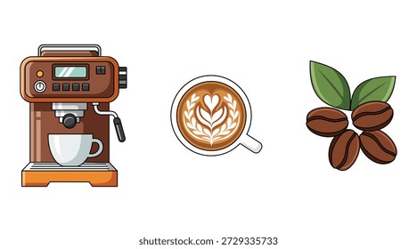 A vibrant digital illustration featuring a brown coffee maker with a white cup, a latte art design in a mug, and a cluster of coffee beans with green leaves, all on a pure white background.