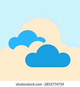 A vibrant digital illustration featuring clouds, sun rays, and sky elements, capturing a bright and cheerful weather scene.