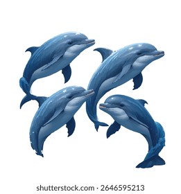 A vibrant digital illustration featuring four playful dolphins painted in rich shades of blue. The dolphins are positioned in dynamic poses against a clean white background, creating a lively and frie