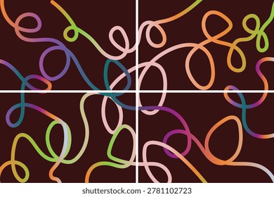 A vibrant digital illustration featuring intertwined neon gradient squiggles and loopy lines across a four-pane grid, creating a dynamic, modern abstract pattern for backgrounds.