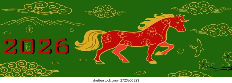 Una ilustración digital vibrante con un caballo rojo del zodiaco con acentos de oro sobre un fondo verde, celebrando el Nuevo año chino 2026 con motivos festivos tradicionales