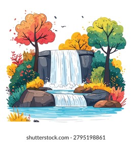 A vibrant digital illustration featuring a scenic waterfall cascading over dark rocks surrounded by colorful autumn trees and lush foliage