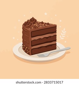 A vibrant digital illustration featuring a single slice of layered chocolate cake topped with frosting swirls and sprinkles. The dessert sits on a simple white plate accompanied by a small metal fork. The background is a soft peach color decorated with subtle star and leaf motifs, creating a whimsical and appetizing atmosphere
