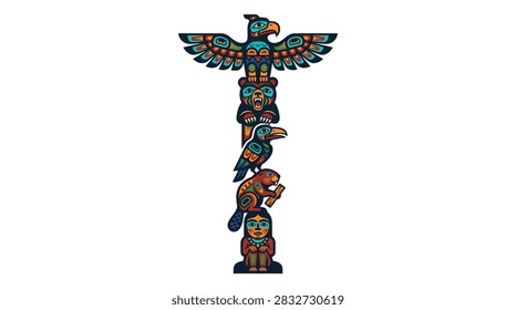 A vibrant digital illustration featuring a stacked totem pole with carved eagle, bear, raven, and human figures in indigenous Pacific Northwest art style