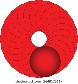 Ilustração digital vibrante com um padrão circular vermelho-espiralado de segmentos sobrepostos, centrado com um vazio branco e precedido por uma esfera vermelha brilhante; 