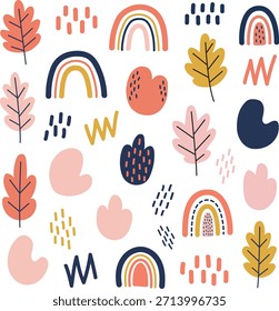 Una ilustración digital vibrante con varias hojas, arco iris y Formas abstractas en tonos de rosa, naranja, amarillo y azul sobre un fondo blanco limpio