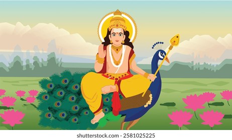 A vibrant digital illustration of Lord Kartikeya seated on his peacock vahana holding a divine spear set in a serene lotus-filled landscape with mountains in the background