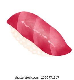 Una vibrante ilustración digital de sushi nigiri rematado con suculento atún. Capta la esencia de la cocina japonesa con colores vivos y un estilo minimalista.