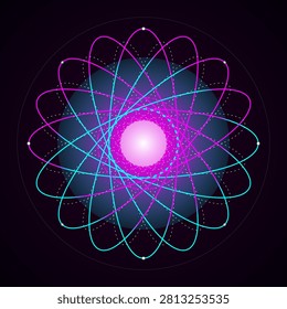 A vibrant digital illustration of a quantum computing core with a central glowing sphere. Overlapping elliptical paths in blue, purple, and cyan create a complex geometric pattern. This abstract representation of subatomic physics, artificial intelligence, and network connectivity uses bright neon colors on a dark background for high visual contrast.