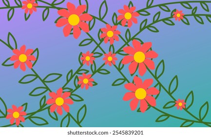 A vibrant digital illustration of red flowers with yellow centers and green vines on a gradient purple-blue background. The dynamic and cheerful design adds elegance and freshness, perfect for greetin