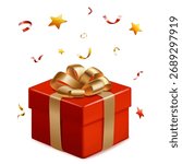 Vibrant digital illustration of a red gift box adorned with a gold ribbon and bow, set against a white background with floating stars and confetti.