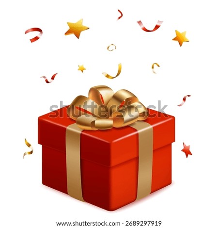 Vibrant digital illustration of a red gift box adorned with a gold ribbon and bow, set against a white background with floating stars and confetti.