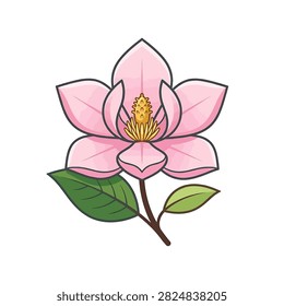 A vibrant digital illustration of a single blooming pink magnolia flower with detailed yellow center stamens and green leaves isolated on white background
