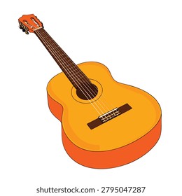 A vibrant digital illustration of a six string acoustic guitar shown from a high angle perspective.
