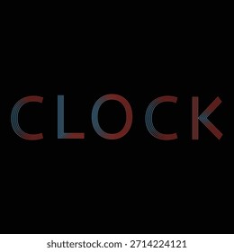 Una vibrante ilustración digital de la palabra 'CLOCK' con un diseño de rayas retro-futurista de varias líneas, con una llamativa transición de color rojo a azul a través de las letras, que simboliza el tiempo.