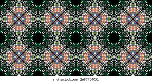 Caleidoscopio digital vibrante sin patrón. 

Fondo geométrico brillante de la repetición de la flor. 

Textura de mandala pixelada Abstractas moderna. Mosaico digital de naranja vivo, rosa y verde